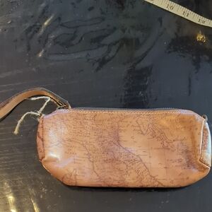 Patricia Nash Brown Leather Map Print Pencil Bag